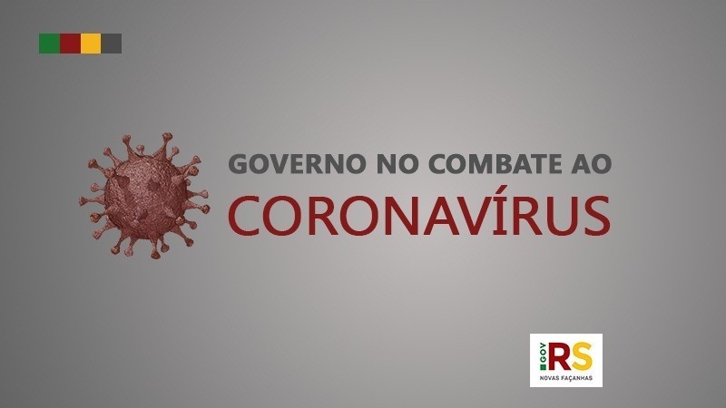 Card em cor cinza com desenho do vírus e a mensagem "Governo no Combate ao Coronavírus". Abaixo, o logotipo do Governo do Estado. 