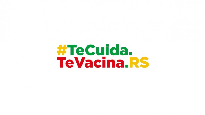 Banner com a hashtag TeCuida.TeVacina.RS com as cores da bandeira do Rio Grande do Sul.  