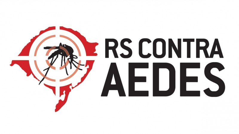 Logotipo da campanha: à direita, o mapa do Rio Grande do Sul estilizado com o mosquito do Aedes aegypti dentro. À esquerda, está inscrito RS contra (em cima) Aedes (embaixo).  