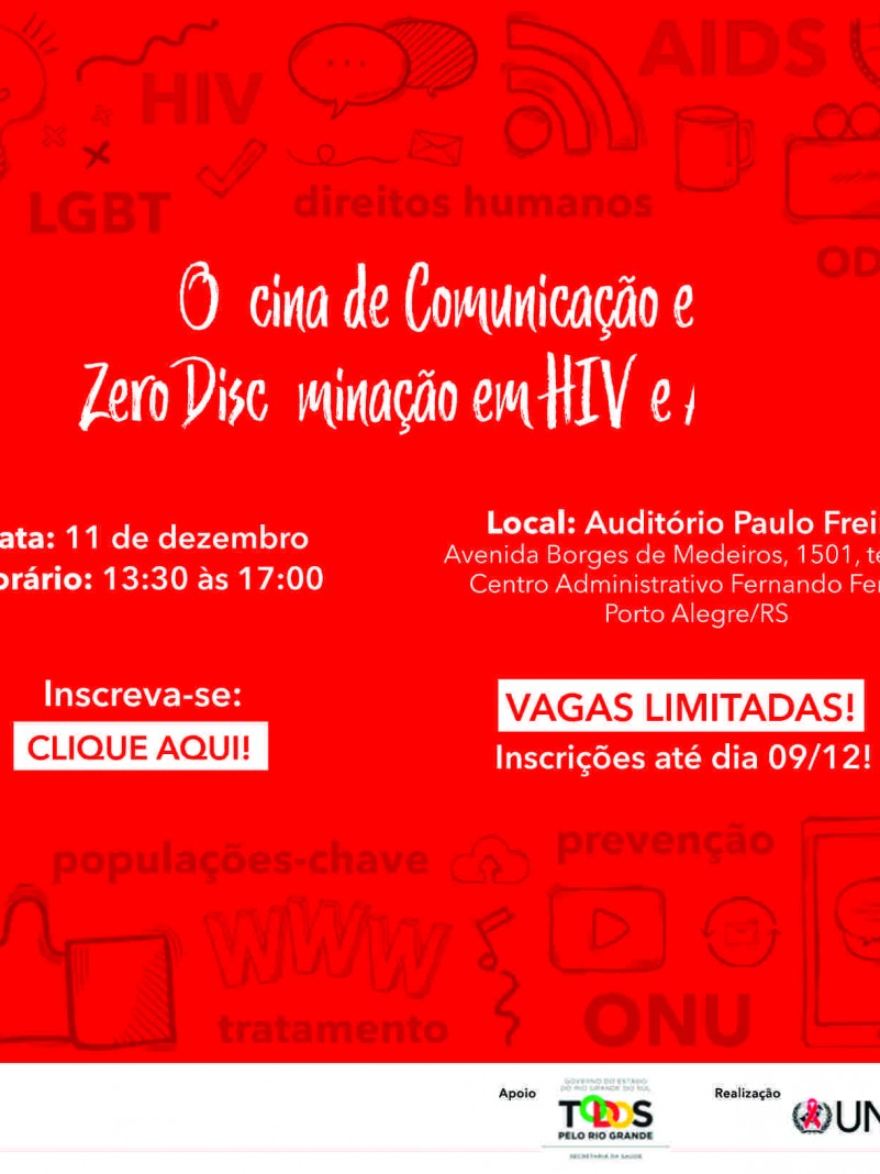 Banner convite da Oficina de Comunicação Zero discriminação em HIV e AIDS. Card na cor vermelha e com as informações sobre o evento. 